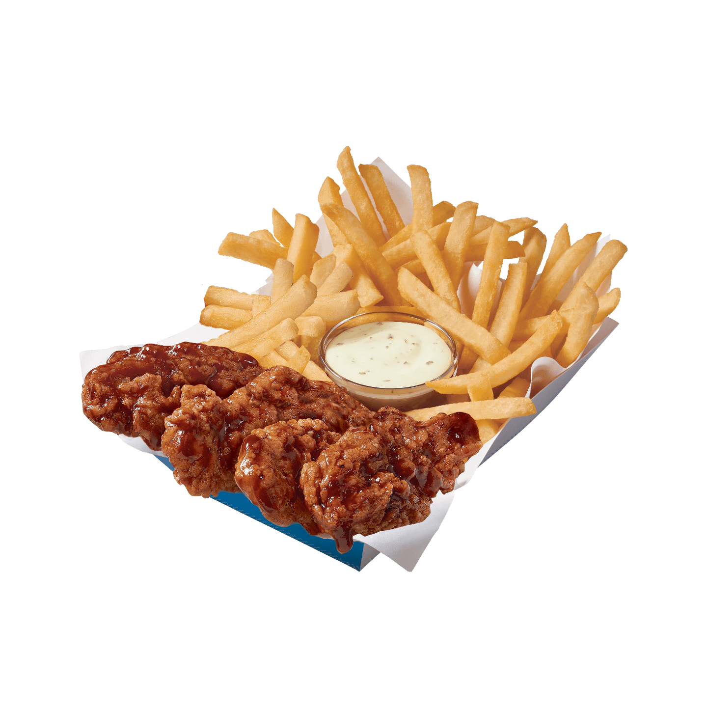 Four Honey BBQ Chicken Strips with fries and dipping sauce